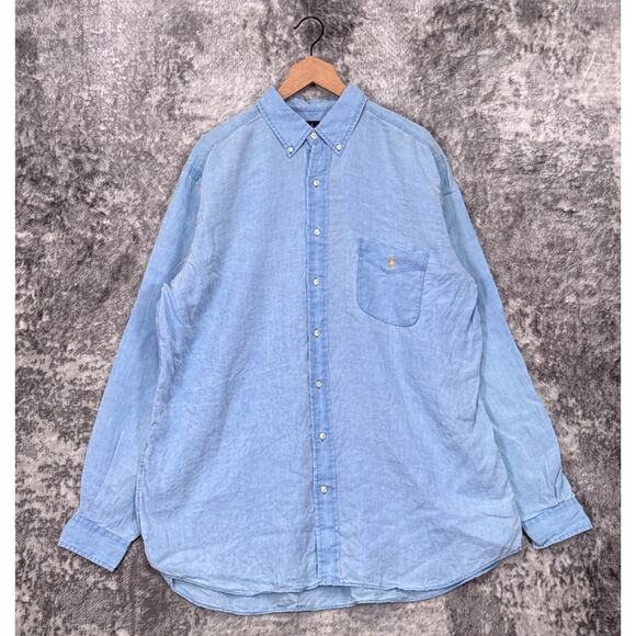 Polo Ralph Lauren Shirt XL Tall Mens 100% Linen Blue Chambray Long Sleeve Button - Picture 1 of 8